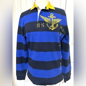 Vintage Ralph Lauren Unisex Striped Rugby Shirt Blue Black Size Men’s Small RARE